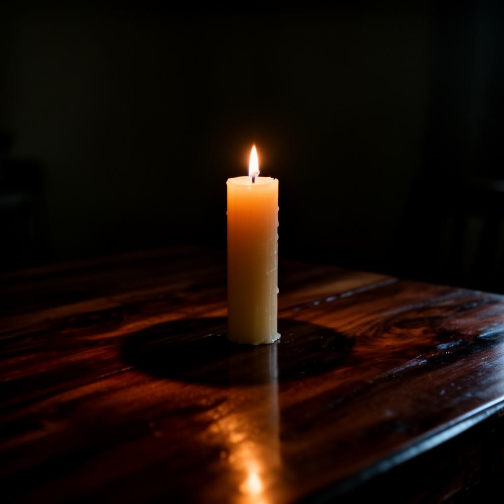 A single candle burning on a dark wood table